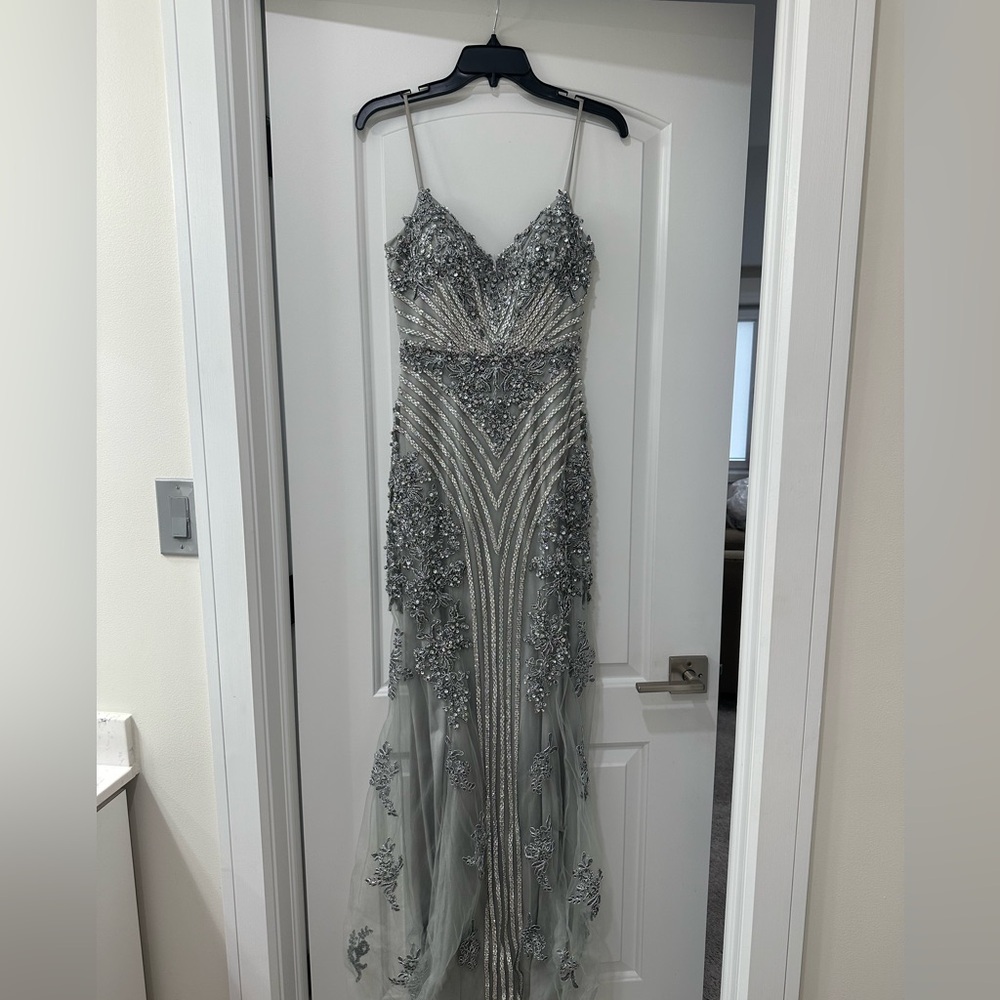 Embellished Silver Evening Gown - Women's Formal Dress